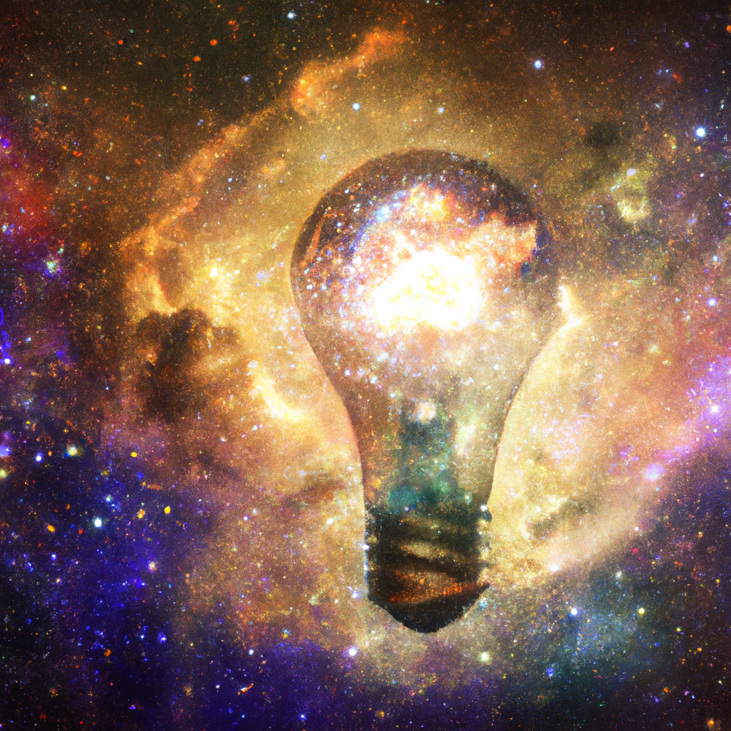 A glowing lightbulb with sparks emanating from it, representing imagination and inspiration, set against a backdrop of stars in outer space, with swirling galaxies and nebula clouds in vibrant cosmic colors filling the background. The lightbulb is the main focus, shining brightly with energy. Detailed, sharp focus, in the style of Wisnu Tan. 5 Steps to Start Using the Law of Attraction Effectively